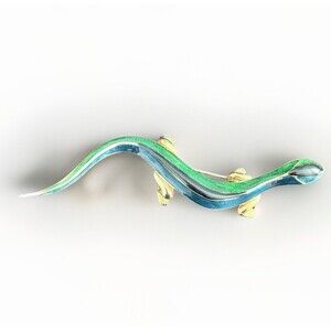 Vintage Teal/Green Enamel Lizard Brooch Gold Tone Gecko Salamander Figural Pin